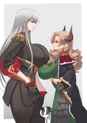 Rule 34 | 2girls, ?, blonde hair, border, box, breasts, draph, dress, drill hair, earrings, epaulettes, from side, gloves, granblue fantasy, green dress, grey background, half gloves, height difference, highres, horns, huge breasts, jewelry, long hair, looking down, maria theresa (granblue fantasy), military, military uniform, multiple girls, orange eyes, pantyhose, pointy ears, quad drills, red eyes, robe, selvaria bles, senjou no valkyria (series), silver hair, sleeves rolled up, standing, standing on box, stormcow, uniform, white border