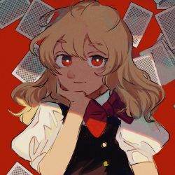 Rule 34 | 100th black market, 1girl, commentary request, hair between eyes, highres, kirisame marisa, mushiao, red background, simple background, solo, touhou, upper body