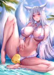 Rule 34 | 1girl, animal ear fluff, animal ears, areola slip, azur lane, bare shoulders, barefoot, bikini, blush, breasts, cleavage, commentary request, day, feet, fox ears, fox girl, fox tail, highres, kuro (tbm9187), large breasts, long hair, looking at viewer, manjuu (azur lane), multiple tails, official alternate costume, outdoors, parted lips, purple eyes, shinano (azur lane), shinano (dreamy white sands) (azur lane), sitting, swimsuit, tail, thighs, water, wet, white bikini, white hair