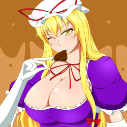 Rule 34 | 1girl, blonde hair, breasts, candy, chocolate, chocolate heart, choker, cleavage, commentary request, dress, elbow gloves, food, frilled dress, frills, gloves, hat, hat ribbon, heart, heart-shaped pupils, highres, huge breasts, lactone, long hair, looking at viewer, mob cap, mouth hold, one eye closed, puffy short sleeves, puffy sleeves, purple dress, ribbon, ribbon choker, short sleeves, solo, symbol-shaped pupils, taut clothes, taut dress, touhou, upper body, valentine, white gloves, yakumo yukari, yellow eyes