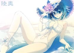 Rule 34 | 10s, 1girl, ankle ribbon, artist name, barefoot, breasts, carnelian, character name, cleavage, earrings, flower, hand on headwear, hat, hat flower, hibiscus, jewelry, kantai collection, leg ribbon, looking at viewer, lying, mutsu (kancolle), navel, o-ring, o-ring bottom, o-ring swimsuit, on back, one-piece swimsuit, ribbon, short hair, solo, straw hat, swimsuit, white one-piece swimsuit