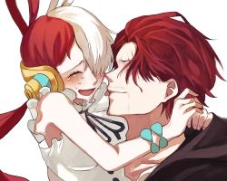 Rule 34 | 1boy, 1girl, age difference, artist request, breasts, carrying, facial hair, father and daughter, hair over one eye, headphones, highres, hug, long hair, looking at another, manly, multicolored hair, one piece, one piece film: red, red hair, shanks (one piece), shiny skin, size difference, smile, teardrop, tears, two-tone hair, uta (one piece), very long hair