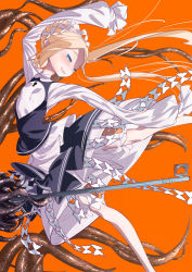 Rule 34 | 1girl, abigail williams (fate), abigail williams (festival outfit) (fate), arms up, black skirt, black vest, blonde hair, bloomers, blue eyes, blush, bow, braid, breasts, cluseller, fate/grand order, fate (series), female focus, forehead, french braid, hair bow, half-closed eyes, happy, heart, key, keyhole, layered skirt, leg up, long hair, long sleeves, official alternate costume, open mouth, orange background, orange bow, oversized object, shirt, sidelocks, skirt, sleeves past fingers, sleeves past wrists, small breasts, smile, solo, spread legs, standing, standing on one leg, teeth, tentacles, underwear, vest, white bloomers, white bow, white shirt