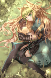 Rule 34 | 1girl, absurdres, animal ears, apple, atalanta (fate), bad id, bad pixiv id, blonde hair, cat ears, claws, dyed bangs, fate/apocrypha, fate (series), food, fruit, green hair, highres, multicolored hair, solo, thighhighs, two-tone hair, u. (artist)