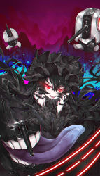 Rule 34 | 10s, 1girl, absurdres, abyssal ship, artillery imp, black dress, black hair, bonnet, chromatic aberration, claws, dress, fang, frilled sleeves, frills, glowing, glowing eyes, gothic lolita, hair between eyes, highres, horns, isolated island princess, kantai collection, litsvn, lolita fashion, long hair, long sleeves, looking at viewer, open mouth, pale skin, red eyes, smile, teeth, tongue, tongue out, turret, very long hair