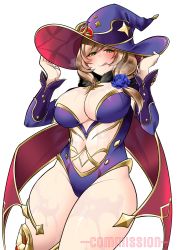 Rule 34 | 1girl, blue flower, blue hat, blue leotard, blush, breasts, cape, cleavage, clothing cutout, commission, cosplay, detached sleeves, flower, genshin impact, green eyes, hair flower, hair ornament, hand on headwear, hat, highres, large breasts, leotard, lisa (genshin impact), looking at viewer, mona (genshin impact), mona (genshin impact) (cosplay), navel, parted lips, pun, red cape, saltnvalk, solo, stomach cutout, sweat, white background, witch hat