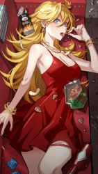 Rule 34 | 1girl, ahoge, bangle, bare shoulders, blonde hair, blue eyes, bracelet, breasts, camisole, collarbone, condom, couch, dress, food, from above, hair between eyes, highres, jewelry, large breasts, long hair, looking at viewer, lying, nail polish, on back, onyang, open mouth, panty &amp; stocking with garterbelt, panty (psg), panty straps, red dress, red nails, sideboob, sleeveless, tabasco