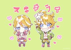 Rule 34 | 1boy, 1girl, blonde hair, blue eyes, blush, chibi, green background, grin, hair ornament, hairclip, hetero, hood, hoodie, hug, kagamine len, kagamine rin, kumamaru (honeyworks), looking at another, panda, panmy, shoes, simple background, skirt, smile, sneakers, song name, suki kirai (vocaloid), twintails, vocaloid, yamako (state of children)
