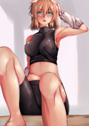Rule 34 | 1girl, arm warmers, armpits, bike shorts, blush, breasts, green eyes, highres, horns, large breasts, looking at viewer, md5 mismatch, mizuhashi parsee, pointy ears, satou aji, short hair, sideboob, single horn, sitting, solo, touhou, towel