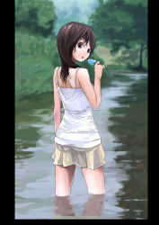 Rule 34 | 1girl, bare shoulders, brown hair, casual, food, highres, looking back, original, popsicle, skirt, solo, tank top, tanuki91, tree, water, wet, wet clothes