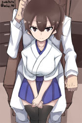 Rule 34 | 10s, 1boy, 1girl, 2014, admiral (kancolle), brown eyes, brown hair, commentary, dated, from above, highres, japanese clothes, jewelry, kaga (kancolle), kantai collection, looking at viewer, mku, ring, side ponytail, sitting, sitting on lap, sitting on person, sweatdrop, thighhighs, wedding band