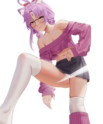 Rule 34 | 1girl, absurdres, animal ears, anoreika tomoe, bare shoulders, bespectacled, black skirt, cat ears, commentary request, crop top, crop top overhang, facial mark, forehead mark, fu xuan (honkai: star rail), glasses, highres, honkai: star rail, honkai (series), kemonomimi mode, long hair, long sleeves, looking at viewer, midriff, miniskirt, navel, off-shoulder sweater, off shoulder, panties, pink eyes, pink hair, pink sweater, pleated skirt, round eyewear, simple background, skirt, solo, stomach, sweater, thighhighs, thighs, underwear, unfinished, white background, white panties, white thighhighs