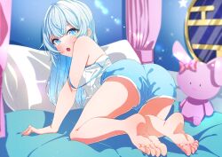 Rule 34 | 1girl, ass, barefoot, bed, blue eyes, blue hair, blush, feet, godai 01, h.live, highres, light blue hair, long hair, looking at viewer, luna neige, open mouth, short shorts, shorts, soles, solo, strap slip, stuffed animal, stuffed toy, toes, virtual youtuber