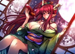 Rule 34 | 1girl, absurdres, bare shoulders, breasts, cleavage, cup, earrings, female focus, floral print, full moon, hair ornament, highres, horn ornament, horns, japanese clothes, jewelry, kimono, large breasts, long hair, moon, obi, ouma tokiichi, pointy ears, purple eyes, red hair, sakazuki, sash, side ponytail, sky, sliding doors, smile, solo, spilling, star (sky), starry sky