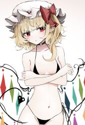 1girl :/ absurdres alternate_costume bikini black_bikini blonde_hair bow breasts closed_mouth collarbone commentary cowboy_shot crossed_arms flandre_scarlet hair_bow hair_ornament hat hat_ribbon heart_o-ring highres laevatein_(touhou) looking_at_viewer mob_cap navel one_side_up ougiikun pointy_ears red_bow red_eyes red_ribbon ribbon side-tie_bikini_bottom simple_background small_breasts solo stomach swimsuit touhou v-shaped_eyebrows white_background x_hair_ornament