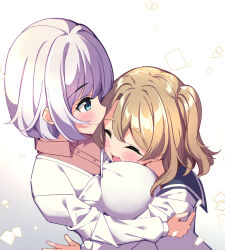 Rule 34 | 2girls, age difference, between breasts, blonde hair, blush, bob cut, breasts, face between breasts, face to breasts, from above, grandmother and granddaughter, happy, head between breasts, height difference, highres, hikotou (sao73cat), hug, jiisan baasan wakagaeru, large breasts, medium hair, multiple girls, one side up, sailor collar, saitou ine, saitou mino, school uniform, smile, upper body