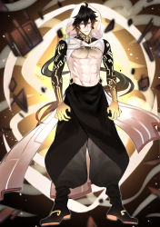 Rule 34 | 1boy, abs, absurdres, arm tattoo, baggy pants, bare pectorals, black hair, brown hair, cloak, closed mouth, earrings, full body, genshin impact, hair between eyes, highres, hood, hood up, hooded cloak, jewelry, long hair, looking at viewer, male focus, midriff, multicolored hair, navel, otenjou, pants, pectorals, ponytail, shoes, shrug (clothing), single earring, smile, solo, tassel, tassel earrings, tattoo, toned, toned male, yellow eyes, zhongli (archon) (genshin impact), zhongli (genshin impact)