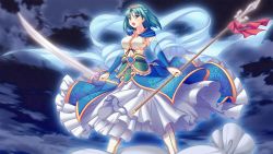 Rule 34 | 1girl, ayase hazuki, blush, breasts, cloud, elbow gloves, game cg, gloves, green hair, kamidere, large breasts, looking away, night, open mouth, polearm, purple eyes, short hair, skirt, sky, solo, spear, standing, sword, weapon