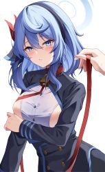 Rule 34 | 1boy, 1girl, absurdres, ako (blue archive), bell, belt collar, black gloves, blue archive, blue eyes, blue hair, blush, breasts, collar, commentary request, earrings, gloves, hair between eyes, hairband, halo, highres, holding, holding leash, jewelry, leash, long hair, long sleeves, looking at viewer, medium breasts, neck bell, noa (noa01010), out of frame, parted lips, pov, pov hands, sensei (blue archive), sideboob, sidelocks, simple background, sweatdrop, tearing up, white background