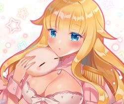 Rule 34 | 10s, 1girl, :&lt;, :o, = =, beelzebub-jou no okinimesu mama., beelzebub (beelzebub-jou), blonde hair, blue eyes, blush, breasts, closed mouth, colored eyelashes, creature, epaulettes, hair flaps, large breasts, long hair, naomi (fantasia), open mouth, outline, signature, star (symbol), starry background, upper body, wrist cuffs