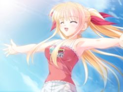 Rule 34 | 1girl, blonde hair, casual, closed eyes, game cg, hair ribbon, long hair, nagisano, non-web source, open mouth, outstretched arms, ribbon, sky, smile, solo, spread arms, twintails, yagyuu aoi