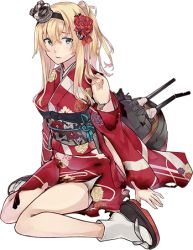 Rule 34 | 1girl, alternate costume, blonde hair, blue eyes, braid, corset, crane (machine), floral print, flower, full body, japanese clothes, kantai collection, kimono, konishi (koconatu), lowres, machinery, official art, ponytail, rose, sandals, solo, torn clothes, transparent background, warspite (kancolle), wide sleeves