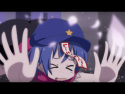 Rule 34 | &gt; &lt;, 1girl, :d, anime coloring, ass, beret, blue hair, blurry, cato (monocatienus), cherry blossoms, closed eyes, commentary, depth of field, expressive clothes, fake screenshot, fallen down, hat, letterboxed, miyako yoshika, ofuda, open mouth, outstretched arms, palms, petals, smile, solo, star (symbol), tears, ten desires, touhou, translated, xd