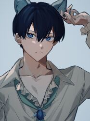 Rule 34 | 1boy, animal ears, arm up, blue background, blue eyes, blue hair, blue lock, cat boy, closed mouth, collarbone, collared shirt, frown, highres, isagi yoichi, jewelry, long sleeves, looking at viewer, male focus, na su, shirt, short hair, simple background, v-shaped eyebrows, white shirt
