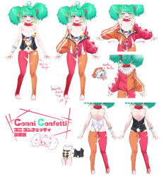 Rule 34 | 1girl, :d, absurdres, ahoge, arrow (symbol), ass, backless outfit, bare arms, bare shoulders, blue nails, blush, bow, character name, character sheet, closed eyes, clothes on/clothes off, clothing cutout, clown, collarbone, commentary request, coni confetti, corset, english text, facial mark, fake tail, flat chest, frilled sleeves, frills, from behind, full body, gradient hair, green hair, hair ribbon, heart, heart ahoge, highres, idol corp, jacket, leotard, long sleeves, looking at viewer, multicolored clothes, multicolored hair, multicolored jacket, multicolored legwear, multiple views, navel, navel cutout, neck ruff, no shoes, official art, open mouth, orange bow, orange jacket, orange pantyhose, pantyhose, pink eyes, puffy long sleeves, puffy sleeves, rabbit tail, red bow, red jacket, red pantyhose, ribbon, sharp teeth, short hair, short twintails, sidelocks, simple background, skindentation, smile, solo, standing, stirrup legwear, tail, teeth, thighs, toeless legwear, toenails, torn clothes, torn pantyhose, turnaround, twintails, upper teeth only, utsusumi kio, virtual youtuber, white background, white leotard, wrist cuffs