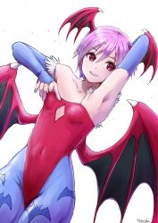 Rule 34 | 1girl, animal print, arm up, armpits, artist name, bad id, bad pixiv id, bare shoulders, bat print, blue gloves, blue pantyhose, breasts, bridal gauntlets, cowboy shot, demon girl, demon wings, dutch angle, gloves, head wings, highleg, highleg leotard, highres, leotard, lilith aensland, looking to the side, nayuhi (yukimuu14), open mouth, pantyhose, print pantyhose, purple hair, red eyes, red leotard, red wings, short hair, signature, small breasts, smile, solo, teeth, vampire (game), very short hair, white background, wings