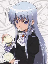 Rule 34 | 00s, 1girl, ahoge, anzelotte, bow, brooch, cum, cum in container, cum in cup, cup, facial, frills, gokkun, holding, holding cup, jewelry, long hair, night wizard, purple eyes, sidelocks, tagme, teacup, third-party edit