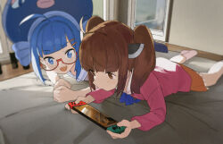Rule 34 | 2girls, ahoge, arm support, black socks, blade, blue eyes, blue hair, blunt bangs, blurry, brown eyes, brown hair, can, closed mouth, concentrating, depth of field, eel hat, film grain, glasses, hair ornament, hairclip, handheld game console, headgear, holding, holding handheld game console, indoors, looking at screen, lying, on stomach, medium hair, multiple girls, nintendo switch, no shoes, on bed, on stomach, open mouth, orange skirt, otomachi una, otomachi una (talkex), pikumin, pink shirt, playing games, red-framed eyewear, sailor collar, semi-rimless eyewear, shirt, skirt, smile, socks, talkex, touhoku kiritan, twintails, v-shaped eyebrows, vocaloid, voiceroid, white sailor collar, white socks