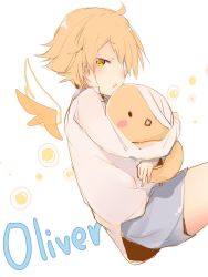 Rule 34 | 1boy, bad id, bad twitter id, bandage over one eye, bird, blonde hair, character name, chicken, commentary, detached wings, highres, holding, holding stuffed toy, long sleeves, looking at viewer, male focus, oliver (vocaloid), open mouth, oyamada (pi0v0jg), oyamade (pi0v0jg), shirt, solo, stuffed animal, stuffed toy, vocaloid, wings, yellow eyes