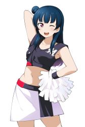 Rule 34 | 1girl, arm behind head, arm up, barkhorn0331, blouse, blue hair, blunt bangs, breasts, cheerleader, collarbone, crop top, hair bun, hand on own hip, highres, holding, holding pom poms, light blush, long hair, looking at viewer, love live!, love live! sunshine!!, navel, one eye closed, open mouth, pink hair, pom pom (cheerleading), pom poms, shirt, simple background, single hair bun, skirt, sleeveless, sleeveless shirt, small breasts, smile, solo, teeth, thighs, tsushima yoshiko, upper teeth only, white skirt