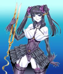 Rule 34 | 1girl, bare shoulders, black gloves, black hair, blue background, blue eyes, bow, breasts, cameltoe, checkered background, cleavage, colored skin, corset, cross-laced clothes, demon girl, detached sleeves, female focus, garter straps, gloves, hair bow, halterneck, highres, holding, horns, lace, lace-trimmed legwear, lace trim, large breasts, leotard, light smile, lilith-soft, lipstick, long hair, looking at viewer, makeup, o-ring, o-ring top, pale skin, shirt, shitoria, showgirl skirt, skirt, smile, solo, taimanin (series), taimanin asagi, taimanin asagi kessen arena, thighhighs, twintails, two side up, weapon, white skin, zol