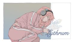 Rule 34 | 1girl, bocchi the rock!, chinese commentary, closed eyes, closed mouth, commentary request, cube hair ornament, cursive, english text, flower, gotoh hitori, hair ornament, headphones, holding, holding flower, jacket, long hair, long sleeves, lying, on side, pants, pink hair, pink jacket, pink pants, solo, track jacket, track pants, yanlingjinshilihuahua
