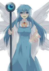 Rule 34 | 1girl, angel, blouse, blue eyes, blue hair, collared shirt, female focus, highly responsive to prayers, highres, long hair, machi (purple-love), matching hair/eyes, multiple wings, ribbon, sariel (touhou), seraph, shirt, simple background, solo, staff, touhou, touhou (pc-98), very long hair, white background, white shirt, wings