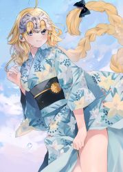 Rule 34 | 1girl, absurdres, ahoge, alternate costume, blonde hair, blue eyes, blue kimono, blush, braid, breasts, fate/apocrypha, fate/grand order, fate (series), floral print, hair ornament, hair ribbon, headpiece, highres, japanese clothes, jeanne d&#039;arc (fate), jeanne d&#039;arc (ruler) (fate), kimono, long braid, long hair, looking at viewer, medium breasts, misaki346, obi, outdoors, ribbon, sash, single braid, smile, solo, very long hair
