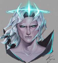 Rule 34 | 1boy, absurdres, close-up, closed mouth, collarbone, commentary request, crown, facing viewer, forehead, glowing, green eyes, halo, highres, league of legends, male focus, realistic, short hair, signature, simple background, solo, valkyrie (ekpk5223), viego (league of legends), white hair