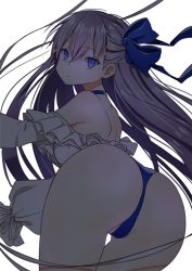 Rule 34 | 1girl, ass, back, bad id, bad pixiv id, bare shoulders, blue eyes, blue one-piece swimsuit, blue ribbon, breasts, closed mouth, collarbone, fate/grand order, fate (series), frills, goyain, hair between eyes, hair ribbon, highleg, highleg swimsuit, long hair, long sleeves, looking at viewer, looking back, meltryllis, meltryllis (fate), meltryllis (swimsuit lancer) (fate), meltryllis (swimsuit lancer) (second ascension) (fate), one-piece swimsuit, puffy sleeves, purple hair, ribbon, sleeves past fingers, sleeves past wrists, small breasts, solo, swimsuit, thighs, very long hair