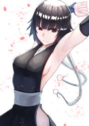Rule 34 | 1girl, absurdres, armpits, arms up, black dress, black eyes, black hair, black sleeves, bleach, blunt bangs, blurry, blurry background, blurry foreground, breasts, commentary, cowboy shot, detached sleeves, dress, english commentary, haori, hara kenshi, highres, hip vent, japanese clothes, leaning back, looking at viewer, medium breasts, medium hair, mixed-language commentary, sash, shiny clothes, sideboob, sidelocks, sleeveless, sleeveless dress, smile, solo, stretching, sui-feng, taichou haori, white background