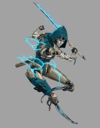 Rule 34 | 1girl, absurdres, apex legends, apex legends mobile, ash (titanfall 2), black sclera, blue leotard, clenched hand, colored sclera, commentary, cracked skin, electricity, english commentary, eye trail, full body, grey background, highres, holding, holding sword, holding weapon, hooded leotard, leaning forward, leotard, light trail, looking ahead, metal skin, official art, orange eyes, simulacrum (titanfall), solo, soojung lee, sword, weapon