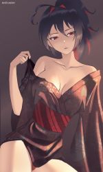 Rule 34 | 1girl, ark ford, artist name, black hair, breasts, cleavage, enma-chan, grey background, highres, hololive, hololive english, large breasts, obi, off shoulder, parted lips, ponytail, purple hair, red eyes, sash, self exposure, solo, thighs, virtual youtuber