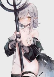 Rule 34 | 1girl, absurdres, arknights, artist name, black thighhighs, cowboy shot, crocodilian tail, detached sleeves, gloves, grey background, grey gloves, groin, highres, holding, holding staff, huge filesize, kitere, large tail, looking at viewer, nipples, nude, pointy ears, short hair, signature, silver hair, simple background, skindentation, solo, staff, standing, tail, thighhighs, thighs, tomimi (arknights), torn clothes, yellow eyes
