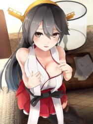 Rule 34 | 10s, 1girl, bad id, bad pixiv id, bare shoulders, black footwear, black hair, black thighhighs, blurry, blush, boots, breasts, brown eyes, cleavage, depth of field, hair between eyes, hair ornament, hairband, hairclip, haruna (kancolle), headgear, japanese clothes, kantai collection, large breasts, long hair, looking at viewer, looking down, no bra, nontraditional miko, open mouth, parted lips, red skirt, skirt, smile, solo, takashia (akimototakashia), thigh boots, thighhighs