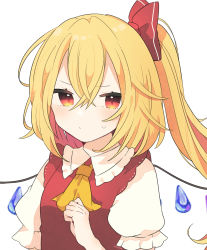 Rule 34 | 1girl, absurdres, ascot, blonde hair, bow, clenched hand, closed mouth, dot nose, flandre scarlet, hair between eyes, hair bow, hand up, highres, light frown, long hair, looking at viewer, necono (nyu6poko), ponytail, puffy short sleeves, puffy sleeves, red bow, red eyes, red vest, shirt, short sleeves, simple background, solo, sweatdrop, touhou, upper body, vest, white background, white shirt, wings, yellow ascot