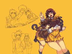 Rule 34 | 2girls, arms up, belly, belly grab, blue eyes, blush, bow, bowl, breast envy, breasts, brown eyes, brown hair, eating, food, hair bow, large breasts, long hair, mil (xration), mitsurugi ryouko, multiple girls, noodles, open mouth, plump, ponytail, real bout high school, school uniform, serafuku, skirt, socks, thick thighs, thighs, weight conscious, yuuki hitomi