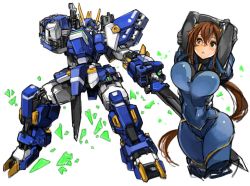 Rule 34 | 1girl, arms up, bodysuit, breasts, brown hair, copyright request, covered erect nipples, cropped legs, green eyes, hair ornament, large breasts, long hair, mecha, perky breasts, pilot suit, ponytail, robot, sachito, sidelocks, simple background, solo, thick thighs, thighs, white background