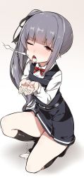 Rule 34 | 10s, 1girl, ;o, belt, belt buckle, black skirt, black socks, black vest, blunt bangs, blush, brown eyes, buckle, buttons, collared shirt, cum, dress, dripping, eyebrows, facial, gradient background, grey hair, hair ribbon, kantai collection, kasumi (kancolle), kasumi kai ni (kancolle), kneehighs, kneeling, long hair, long sleeves, mitsudoue, neck ribbon, on one knee, one eye closed, open mouth, own hands together, palms, pinafore dress, red ribbon, ribbon, sexually suggestive, shirt, side ponytail, simple background, skirt, sleeveless, sleeveless dress, socks, solo, suggestive fluid, thighs, tongue, tongue out, vest, white shirt, wing collar