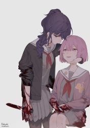 Rule 34 | 2girls, absurdres, blood, boxcutter, empty eyes, expressionless, hand on another&#039;s face, highres, holding, holding boxcutter, holding knife, jacket, knife, multiple girls, out of character, pink hair, ponytail, project sekai, purple hair, re kyu, school uniform, short hair, sleeves rolled up, smile, white background